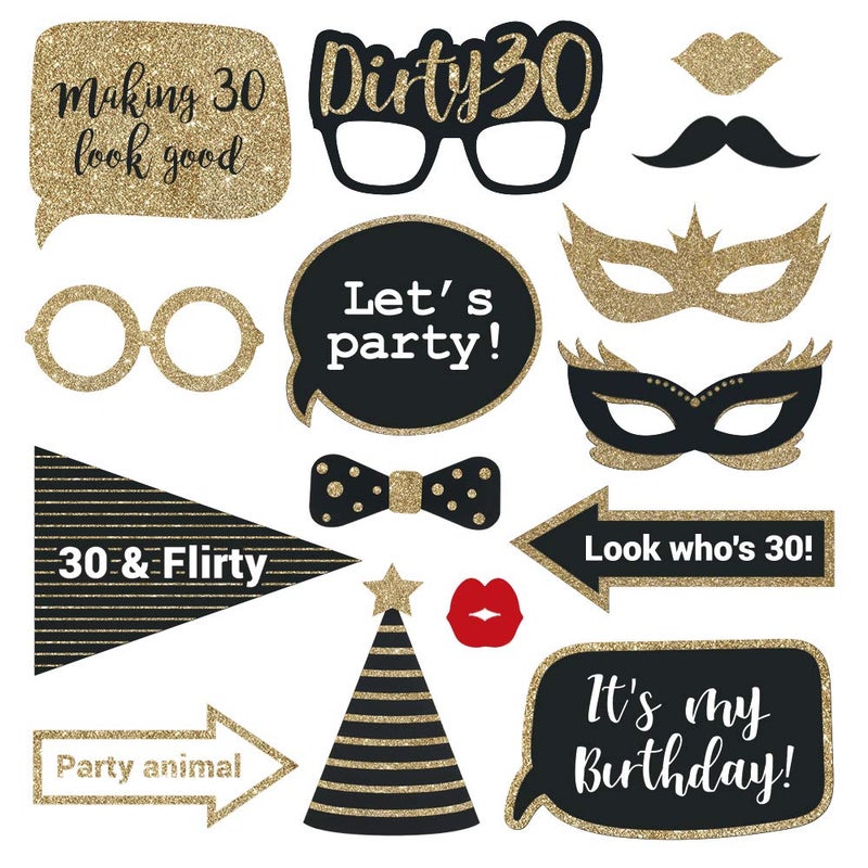 Perfect Occasion Fully Assembled 30th Birthday Photo Booth Props - Set of 30 - Black & Gold Selfie Signs - 30th Party Supplies & Decorations - Cute Bday Designs with Real Glitter - Did We Mention No DIY - Image 4